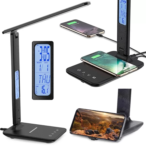 LED galda lampa, usb, pulkstenis, ātrais lādētājs