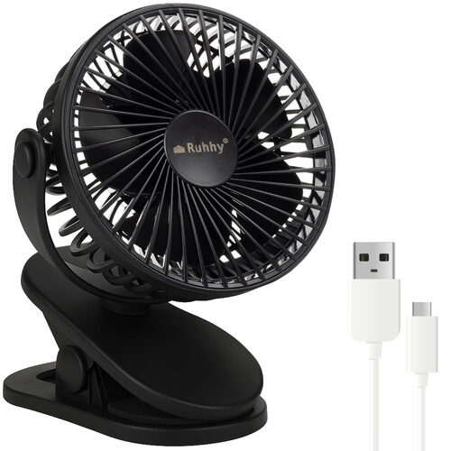 Bezvadu ventilators ar klipsi, galda ventilators 1200mAh USB-C melns Ruhhy 25567