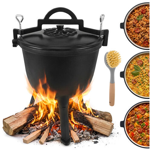 Čuguna katls, ungāru medību katls ugunskuram, emaljēts, uz kājām, 8l